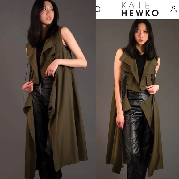 Kate Hewko Long Layering Cargo Vest Trenchcoat - Lightweight w/ Drawstring Waist - Picture 1 of 16